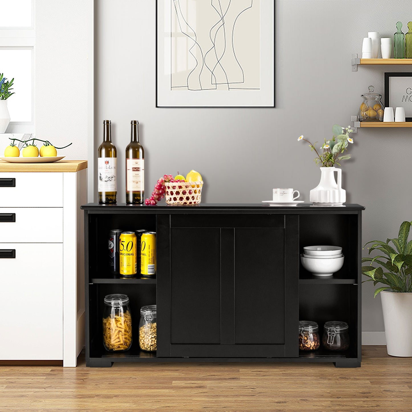 Stackable Kitchen Sideboard Cabinet with Adjustable Shelf for Pantry Dining or Entryway Storage in Black