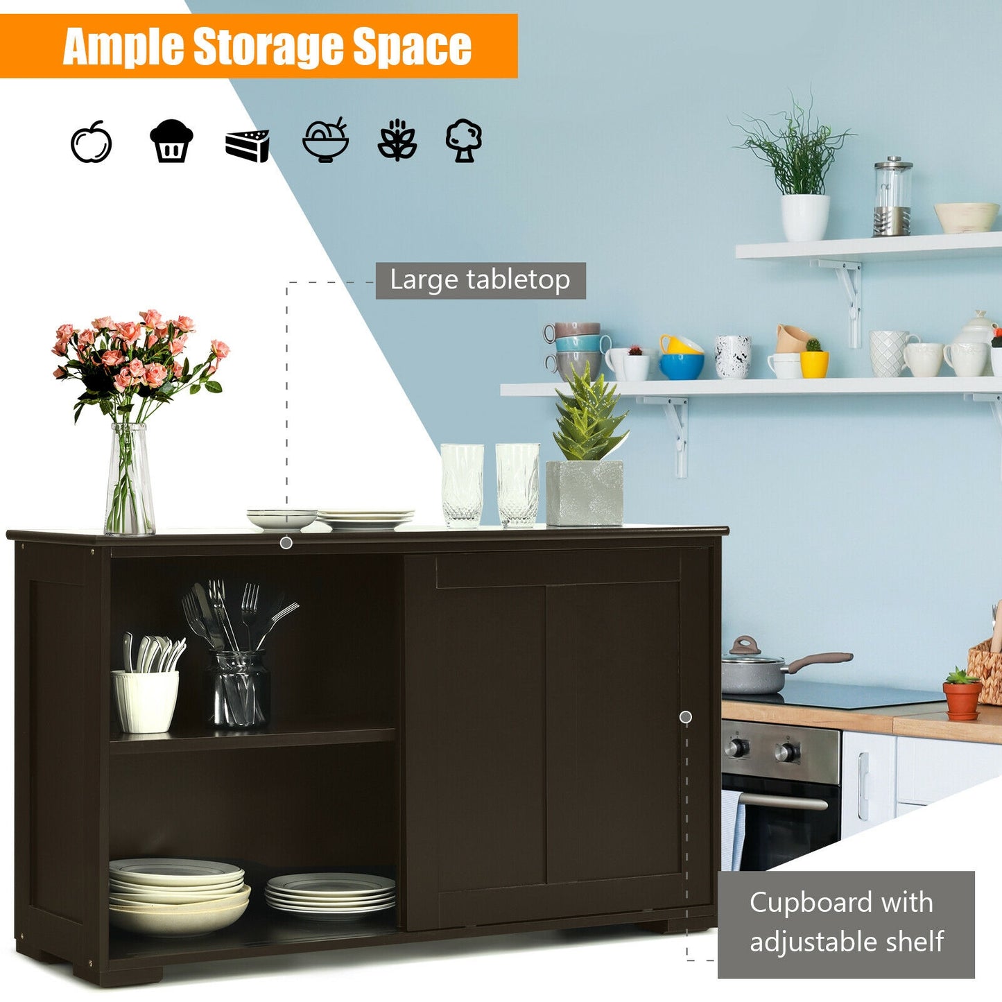 Stackable Kitchen Sideboard Cabinet with Adjustable Shelf for Pantry Dining or Entryway Storage in Brown