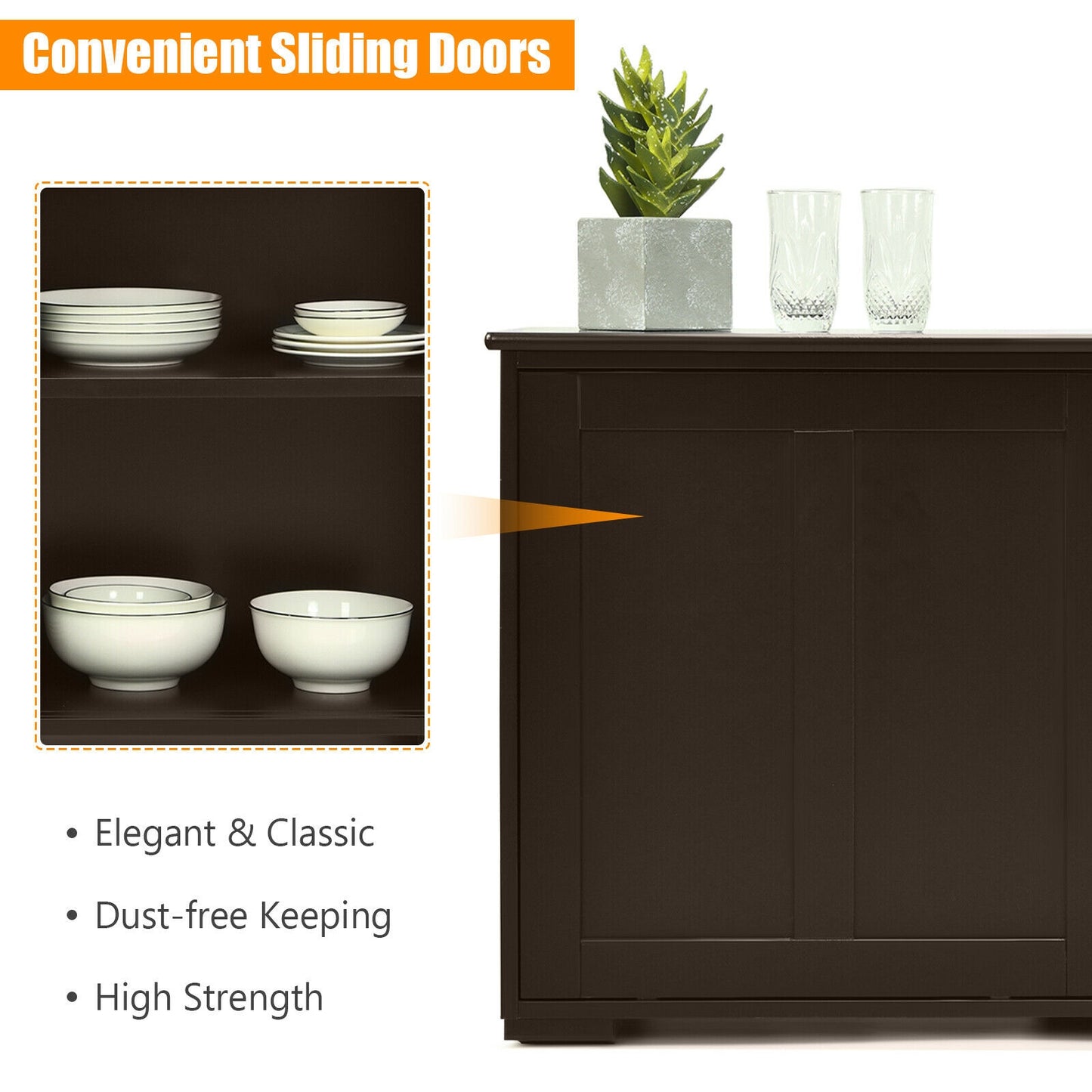 Stackable Kitchen Sideboard Cabinet with Adjustable Shelf for Pantry Dining or Entryway Storage in Brown