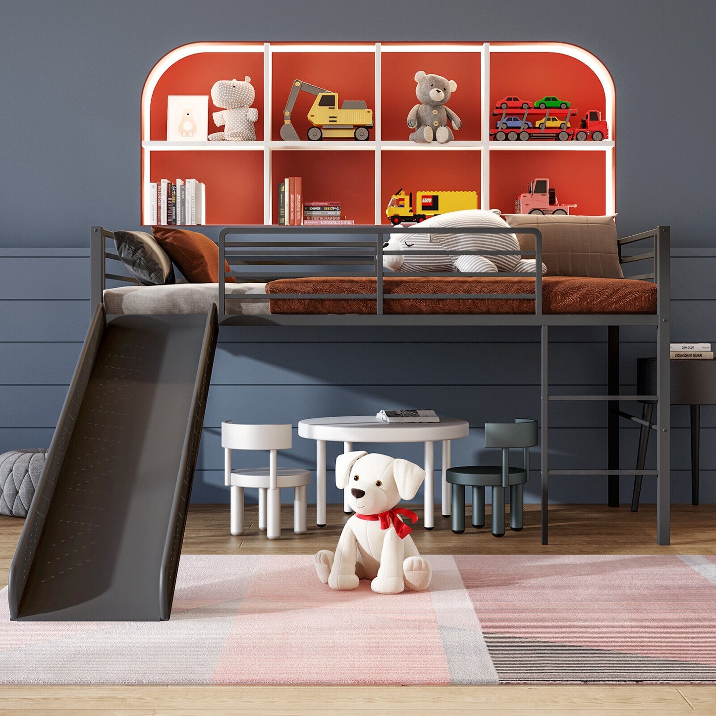 Kids Twin Metal Loft Bed with Slide, Safety Guardrails, and Ladder - Black