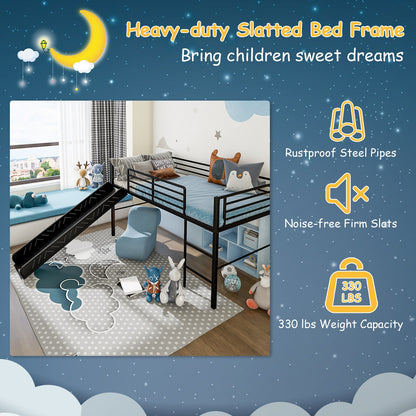 Kids Twin Metal Loft Bed with Slide, Safety Guardrails, and Ladder - Black