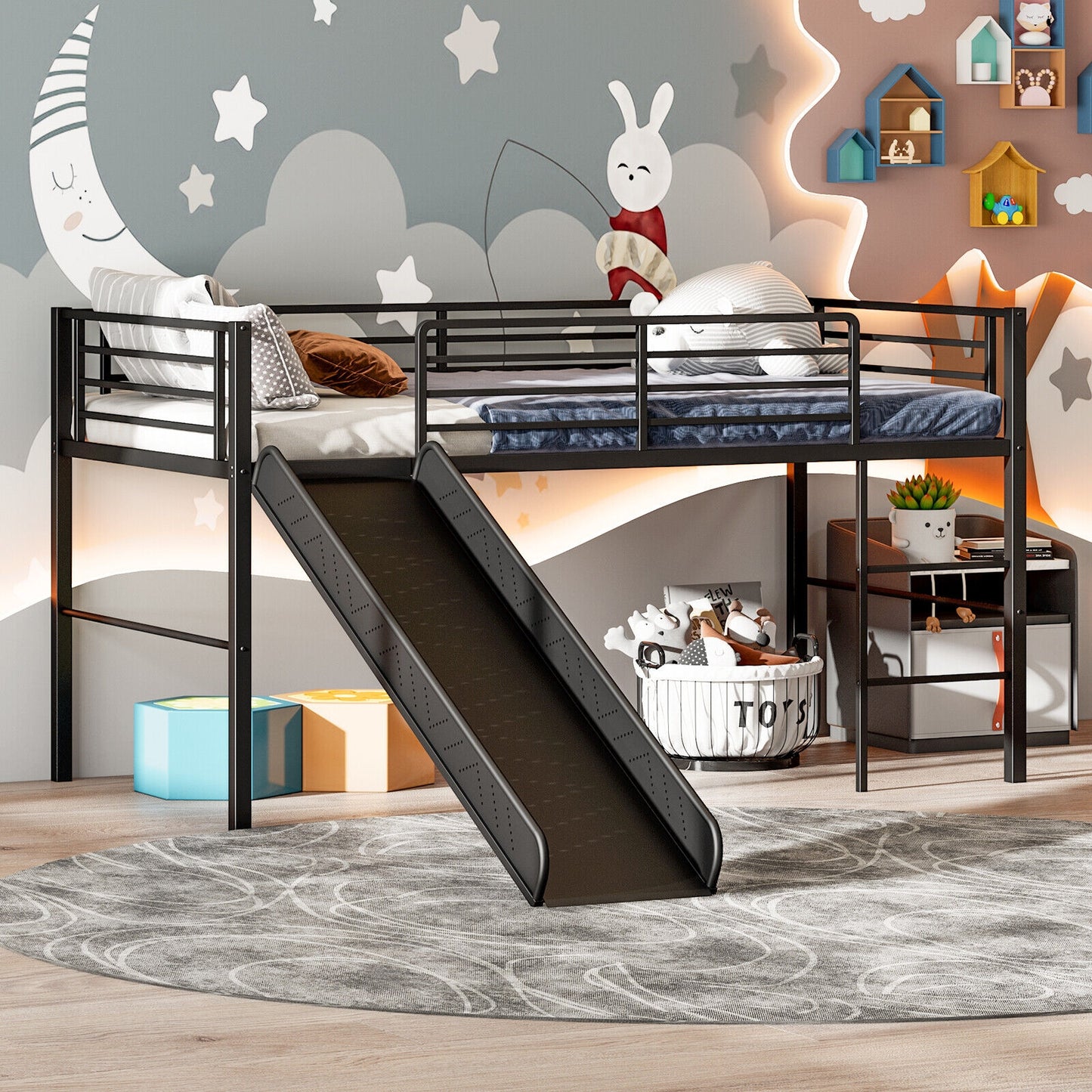 Kids Twin Metal Loft Bed with Slide, Safety Guardrails, and Ladder - Black