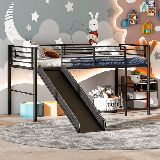 Kids Twin Metal Loft Bed with Slide, Safety Guardrails, and Ladder - Black
