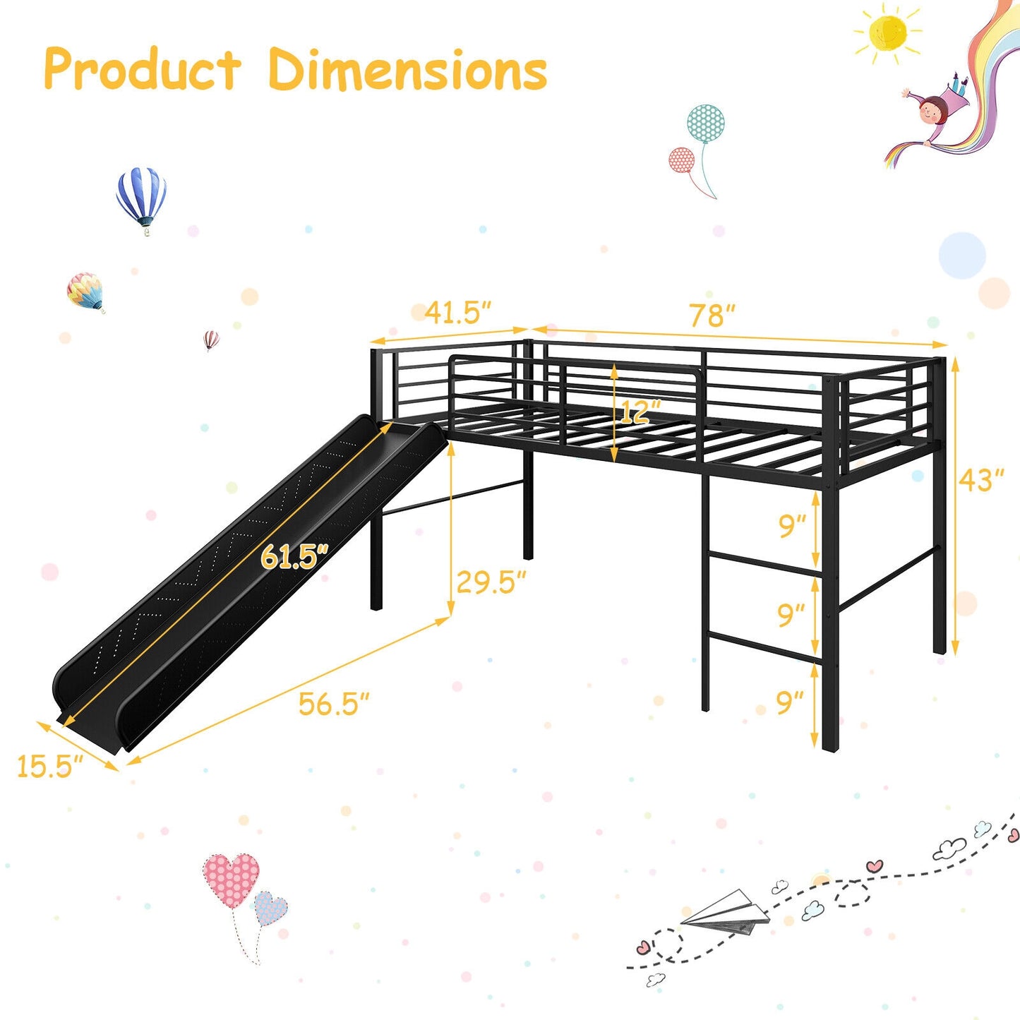 Kids Twin Metal Loft Bed with Slide, Safety Guardrails, and Ladder - Black