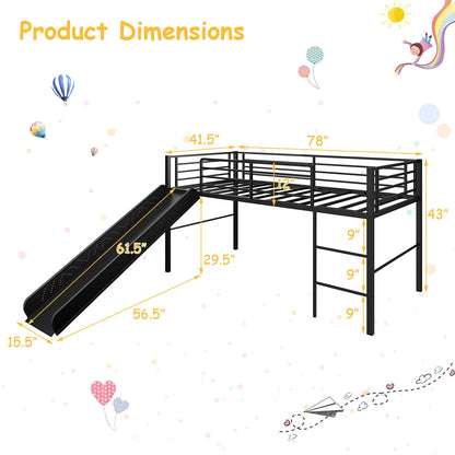 Kids Twin Metal Loft Bed with Slide, Safety Guardrails, and Ladder - Black