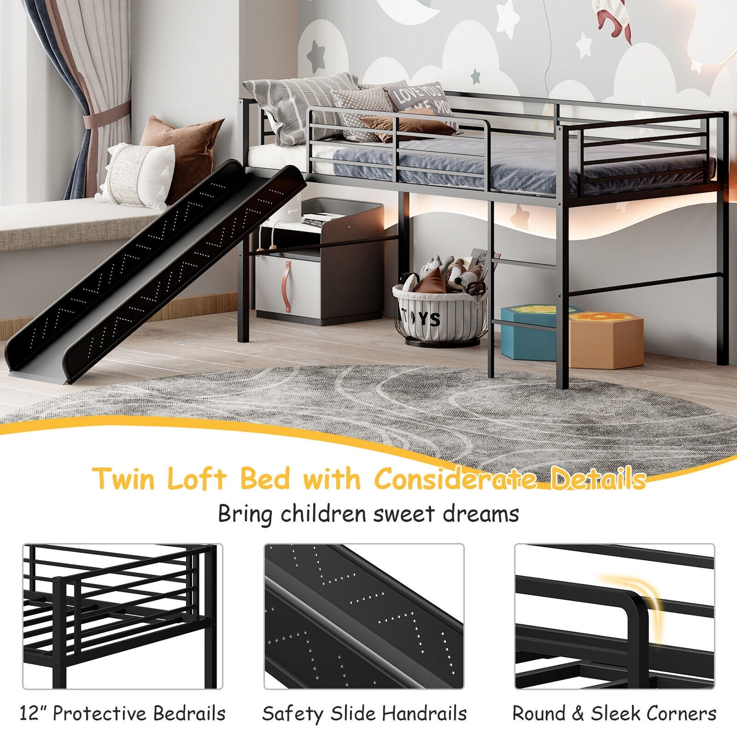 Kids Twin Metal Loft Bed with Slide, Safety Guardrails, and Ladder - Black