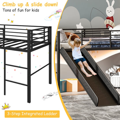 Kids Twin Metal Loft Bed with Slide, Safety Guardrails, and Ladder - Black