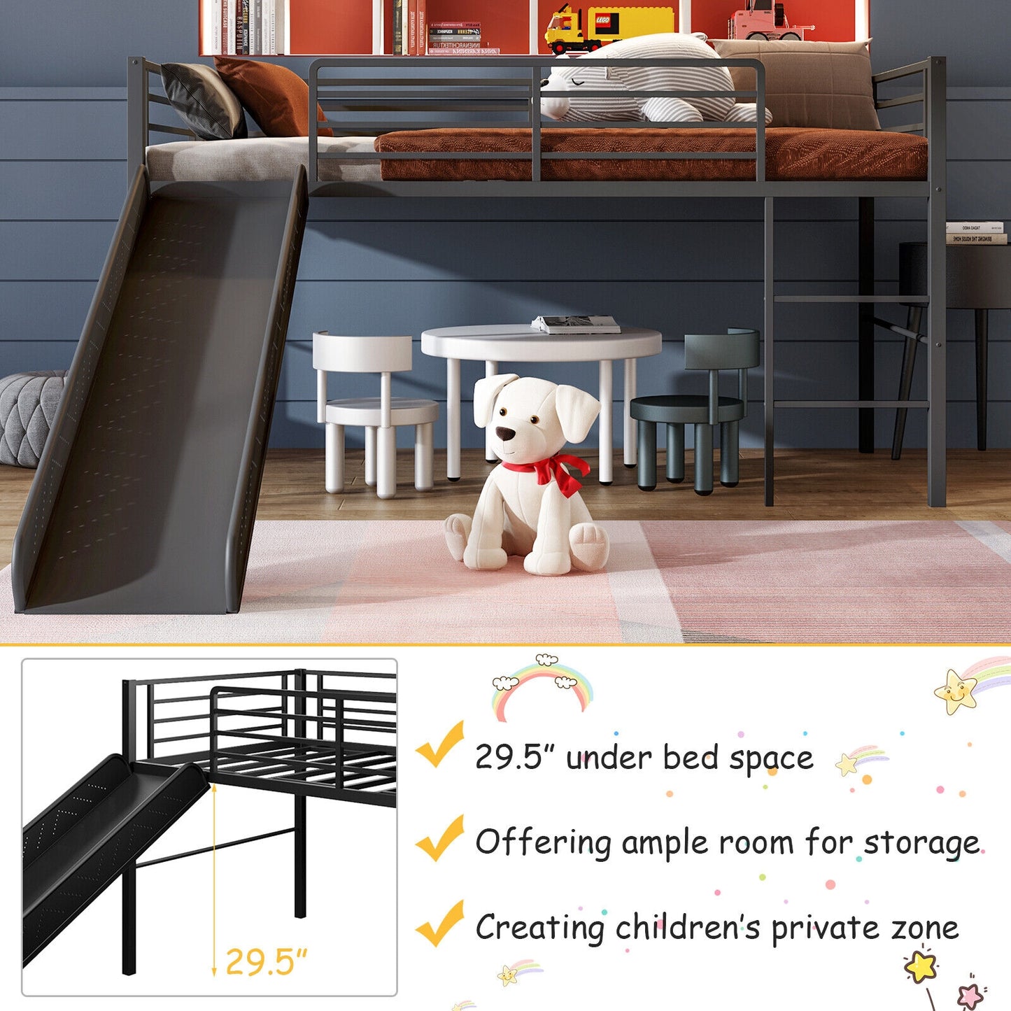 Kids Twin Metal Loft Bed with Slide, Safety Guardrails, and Ladder - Black