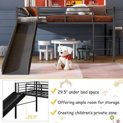 Kids Twin Metal Loft Bed with Slide, Safety Guardrails, and Ladder - Black
