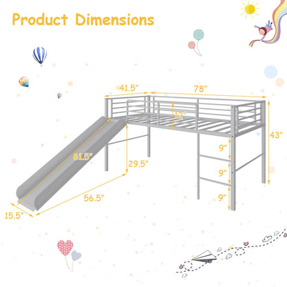 Kids Twin Metal Loft Bed with Slide, Safety Guardrails, and Ladder - Silver