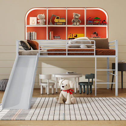 Kids Twin Metal Loft Bed with Slide, Safety Guardrails, and Ladder - Silver