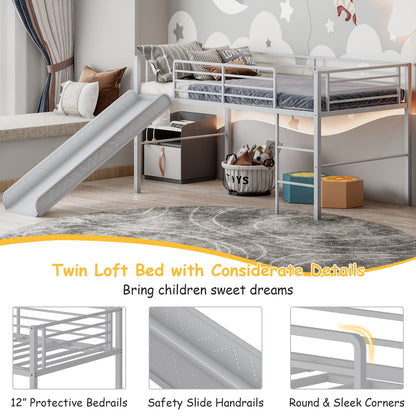 Kids Twin Metal Loft Bed with Slide, Safety Guardrails, and Ladder - Silver
