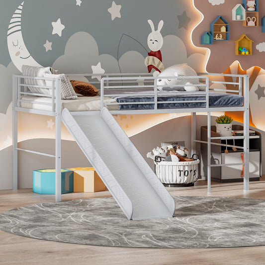 Kids Twin Metal Loft Bed with Slide, Safety Guardrails, and Ladder - Silver