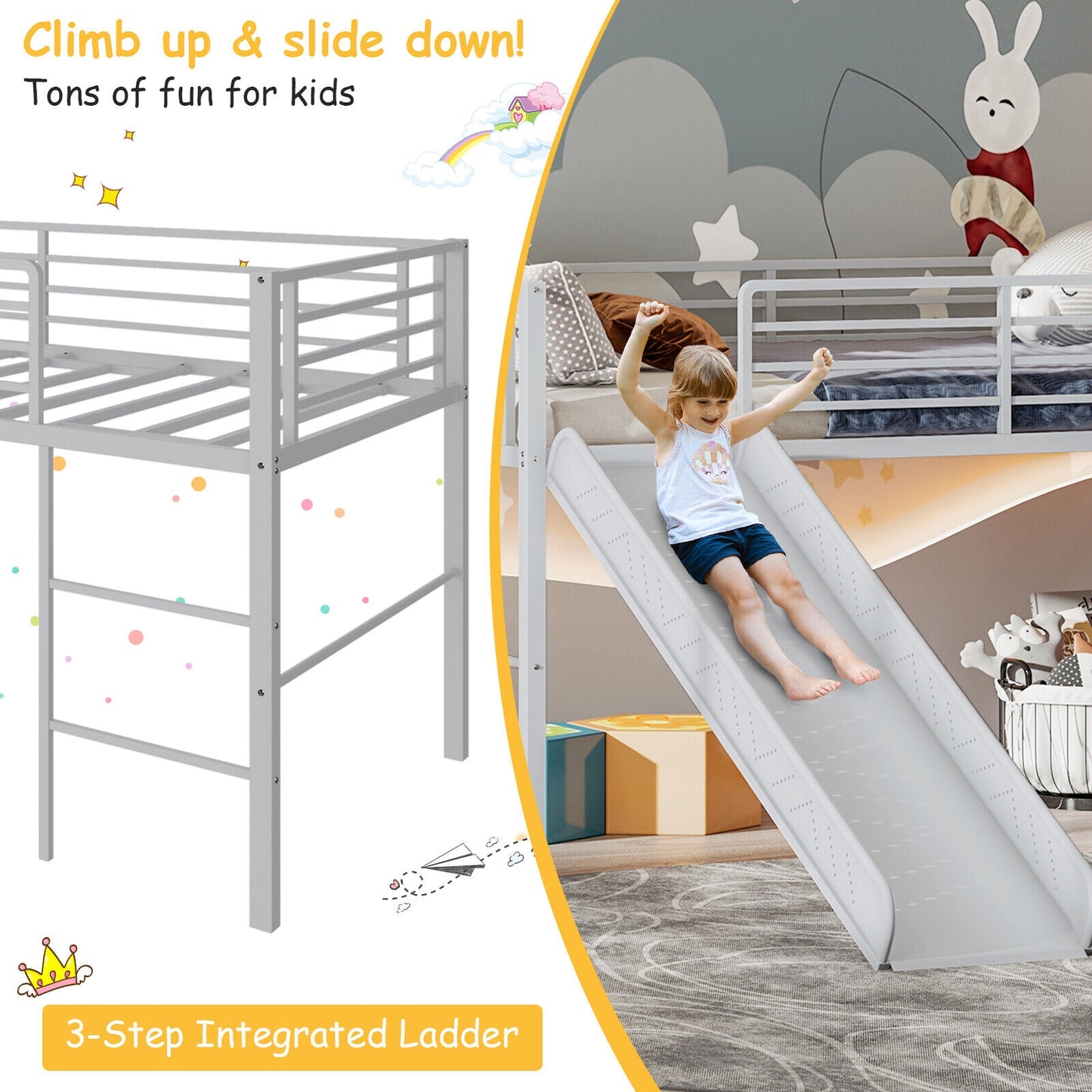 Kids Twin Metal Loft Bed with Slide, Safety Guardrails, and Ladder - Silver