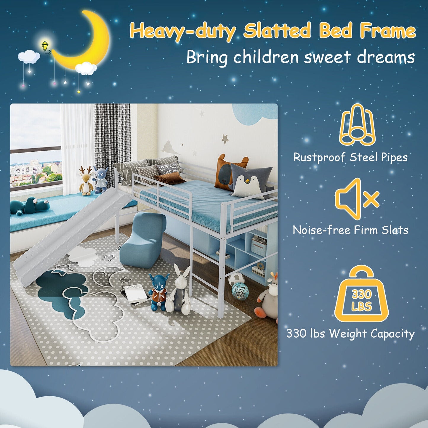Kids Twin Metal Loft Bed with Slide, Safety Guardrails, and Ladder - Silver
