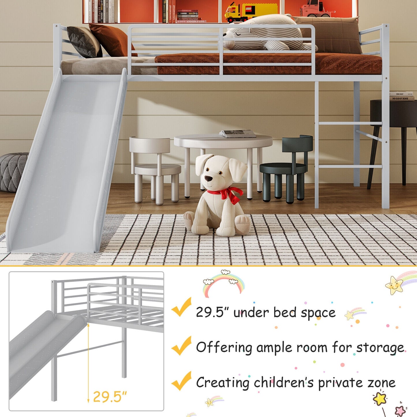 Kids Twin Metal Loft Bed with Slide, Safety Guardrails, and Ladder - Silver
