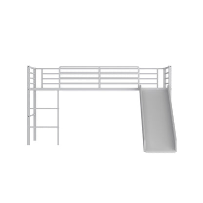 Kids Twin Metal Loft Bed with Slide, Safety Guardrails, and Ladder - Silver