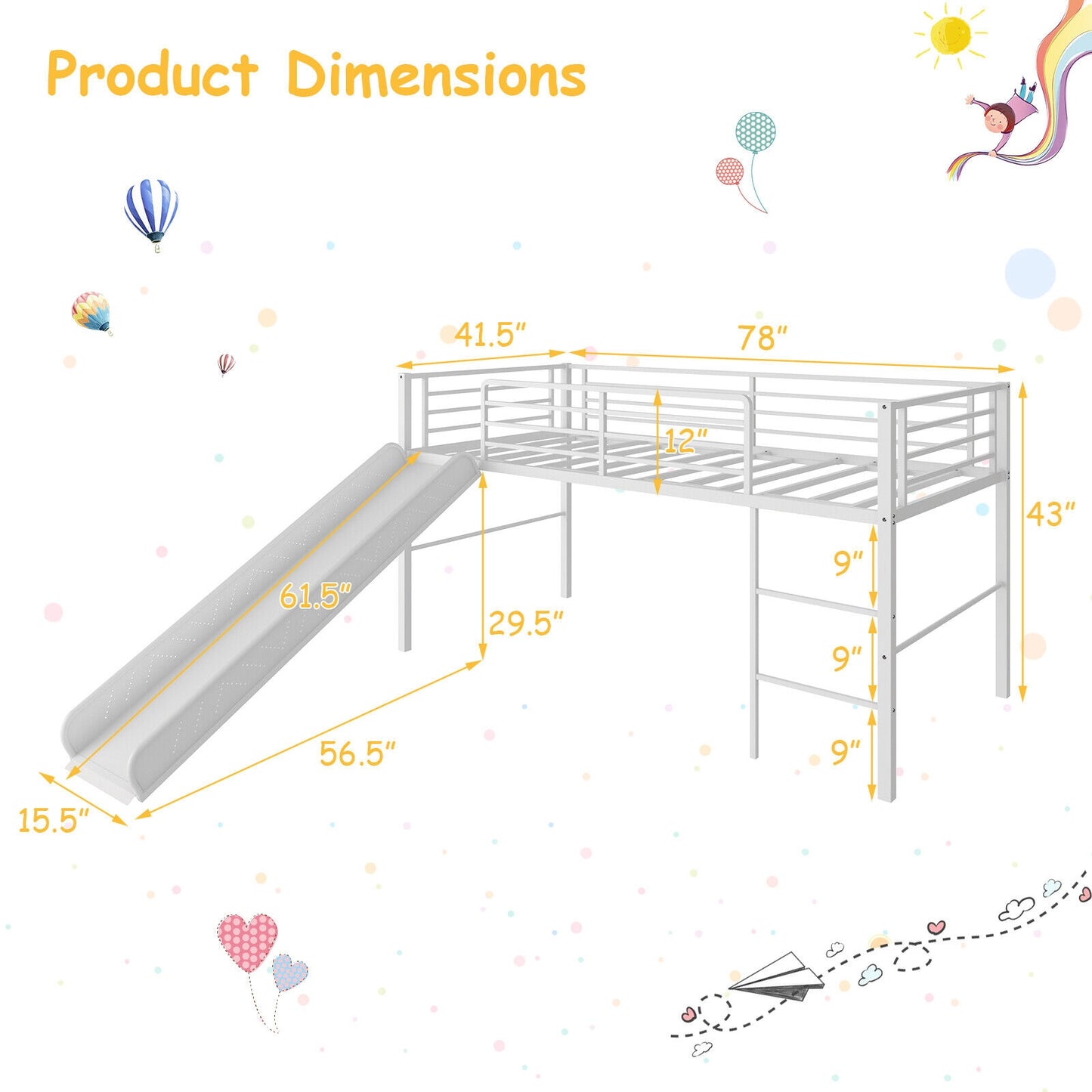 Kids Twin Metal Loft Bed with Slide, Safety Guardrails, and Ladder - White