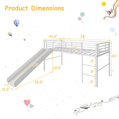 Kids Twin Metal Loft Bed with Slide, Safety Guardrails, and Ladder - White