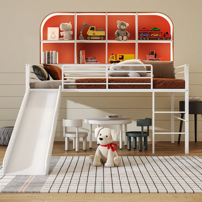 Kids Twin Metal Loft Bed with Slide, Safety Guardrails, and Ladder - White