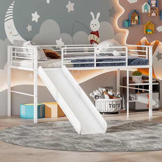 Kids Twin Metal Loft Bed with Slide, Safety Guardrails, and Ladder - White