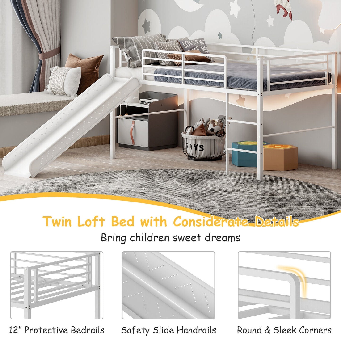 Kids Twin Metal Loft Bed with Slide, Safety Guardrails, and Ladder - White