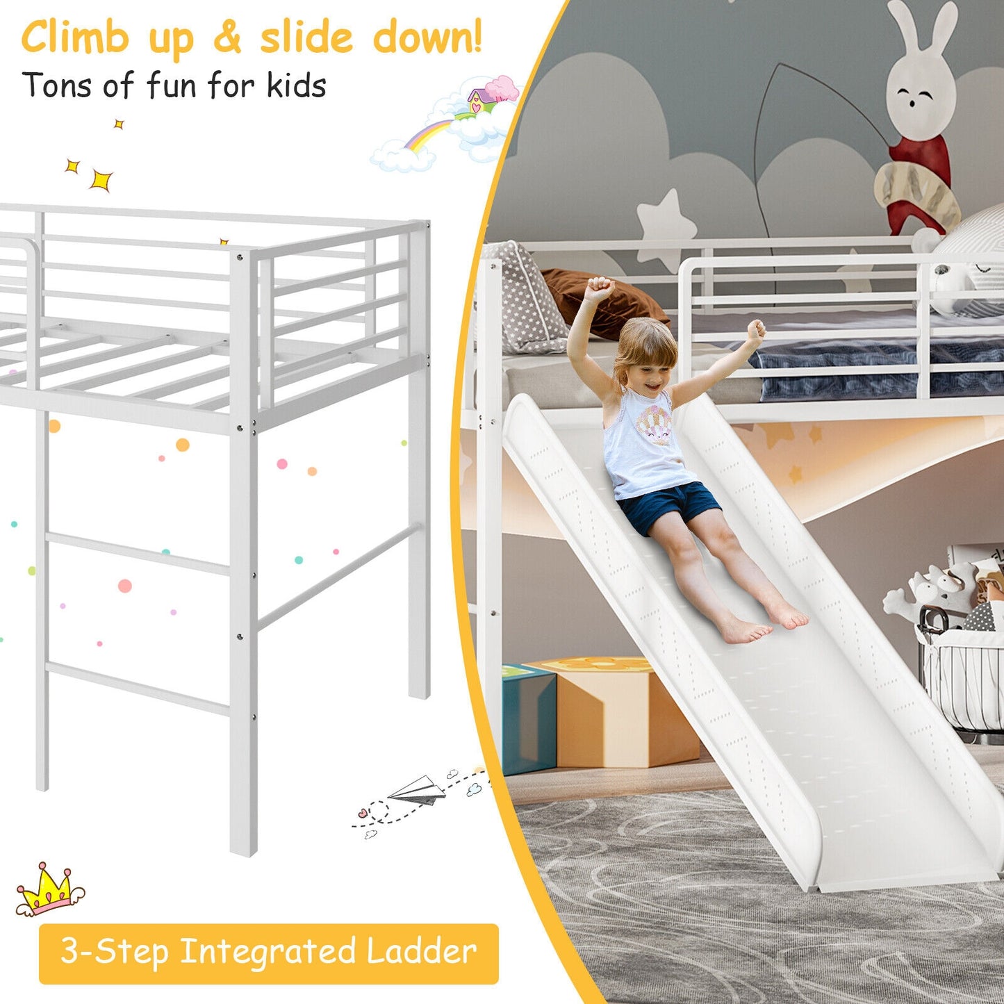 Kids Twin Metal Loft Bed with Slide, Safety Guardrails, and Ladder - White