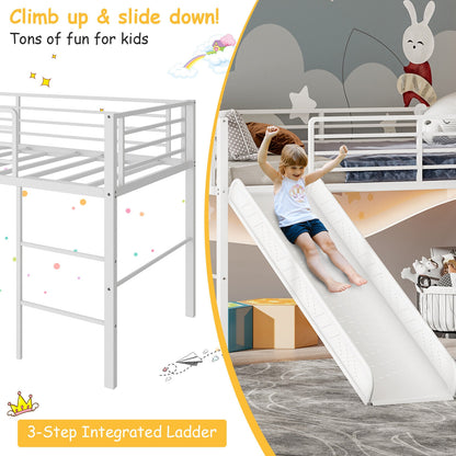 Kids Twin Metal Loft Bed with Slide, Safety Guardrails, and Ladder - White