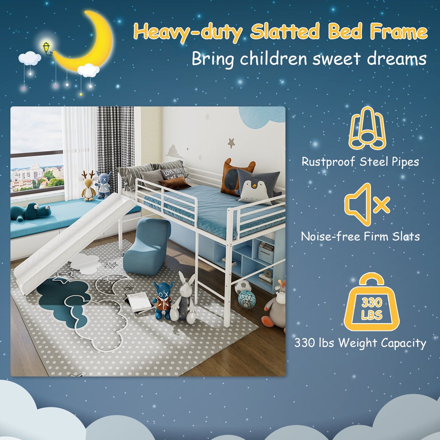 Kids Twin Metal Loft Bed with Slide, Safety Guardrails, and Ladder - White