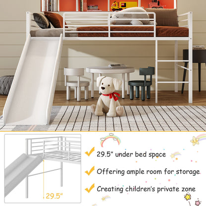 Kids Twin Metal Loft Bed with Slide, Safety Guardrails, and Ladder - White