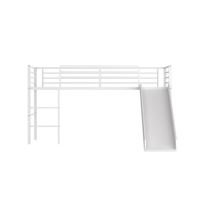 Kids Twin Metal Loft Bed with Slide, Safety Guardrails, and Ladder - White
