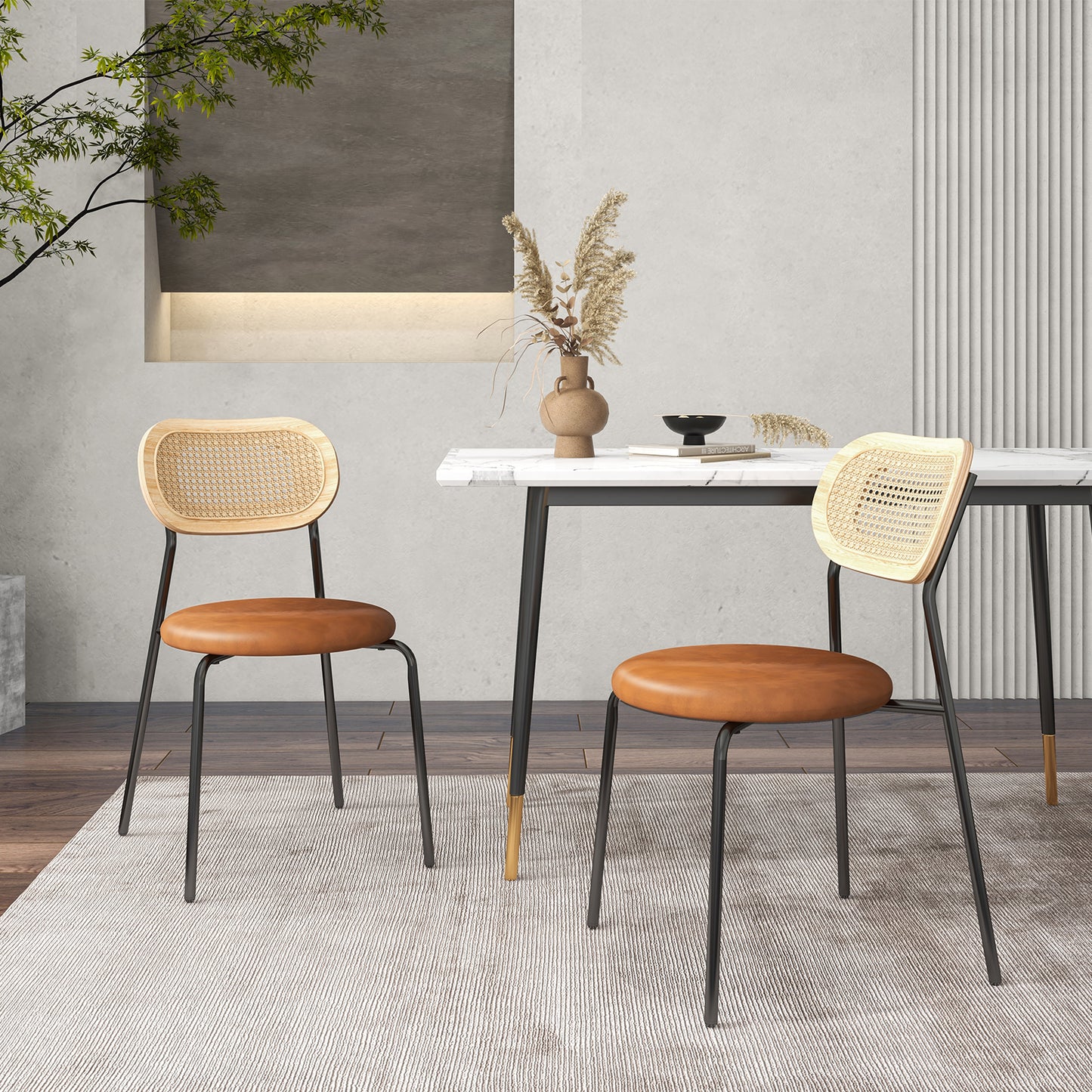 Pair of Rattan Dining Chairs with Metal Legs and Cushioned Seat - Coffee