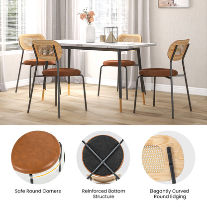 Pair of Rattan Dining Chairs with Metal Legs and Cushioned Seat - Coffee