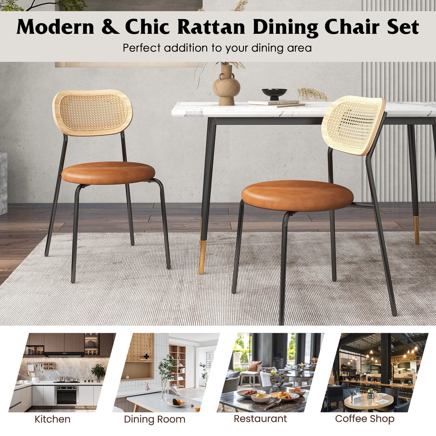 Pair of Rattan Dining Chairs with Metal Legs and Cushioned Seat - Coffee