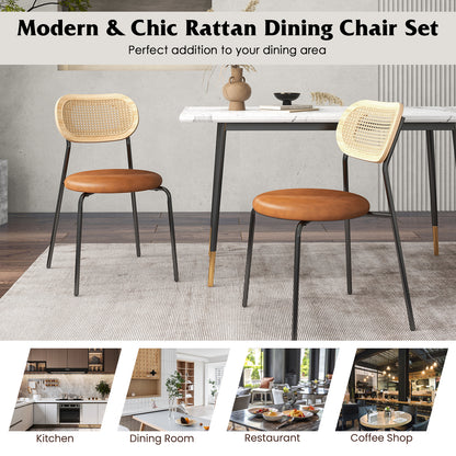 Pair of Rattan Dining Chairs with Metal Legs and Cushioned Seat - Coffee