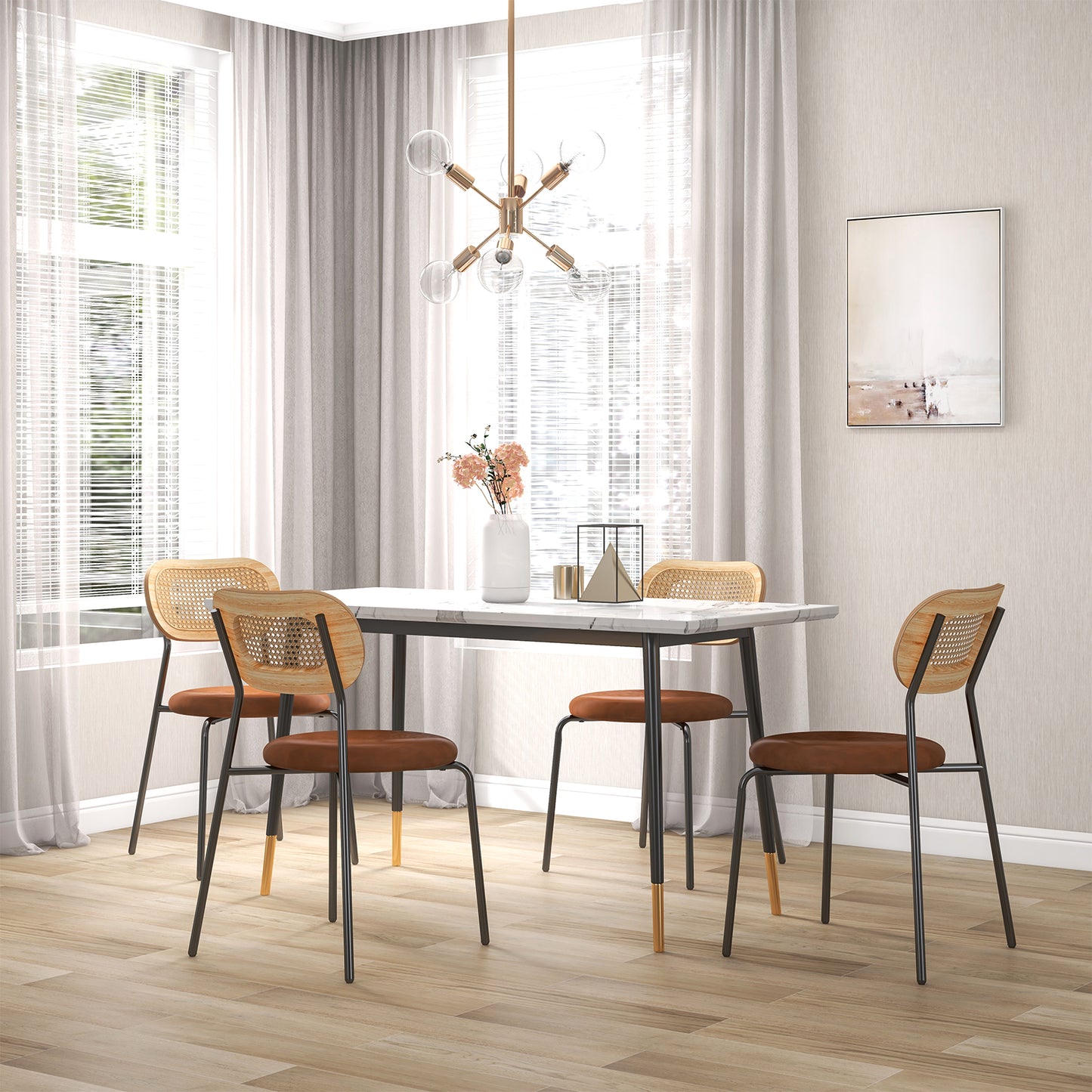 Pair of Rattan Dining Chairs with Metal Legs and Cushioned Seat - Coffee