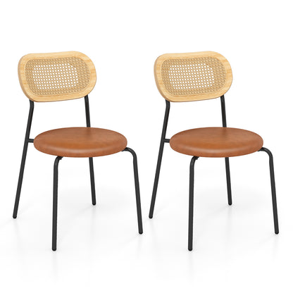 Pair of Rattan Dining Chairs with Metal Legs and Cushioned Seat - Coffee