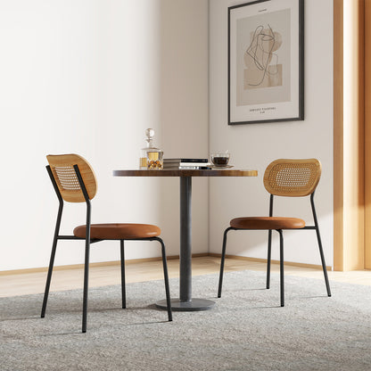 Pair of Rattan Dining Chairs with Metal Legs and Cushioned Seat - Coffee