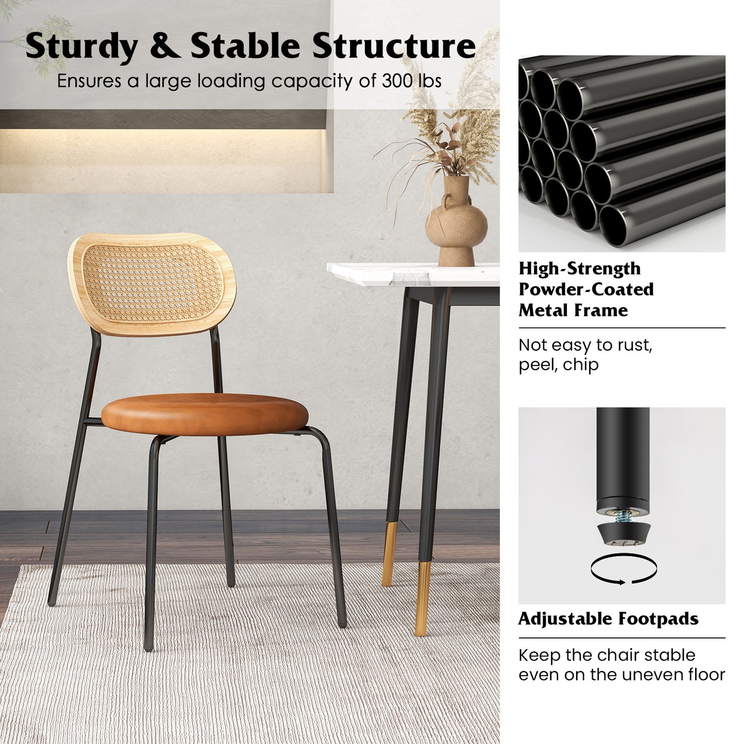 Pair of Rattan Dining Chairs with Metal Legs and Cushioned Seat - Coffee