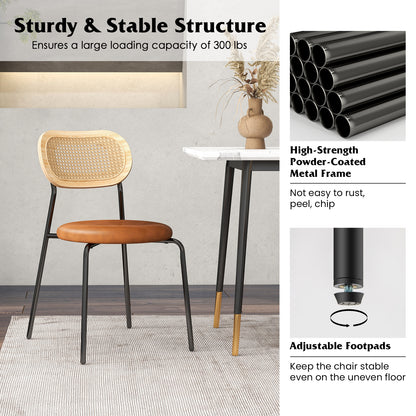 Pair of Rattan Dining Chairs with Metal Legs and Cushioned Seat - Coffee