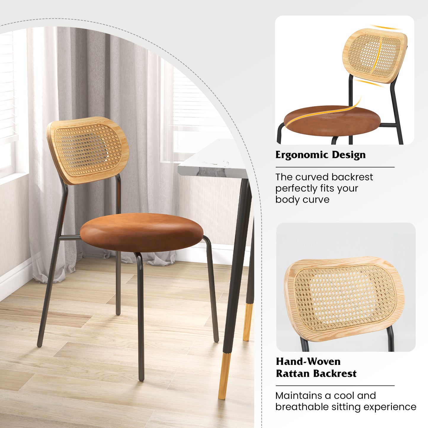 Pair of Rattan Dining Chairs with Metal Legs and Cushioned Seat - Coffee