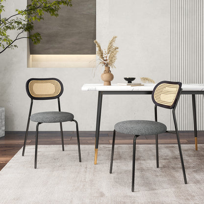 Pair of Rattan Dining Chairs with Metal Legs and Cushioned Seat - Grey