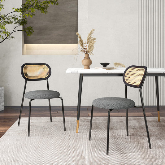 Pair of Rattan Dining Chairs with Metal Legs and Cushioned Seat - Grey