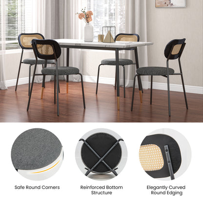 Pair of Rattan Dining Chairs with Metal Legs and Cushioned Seat - Grey