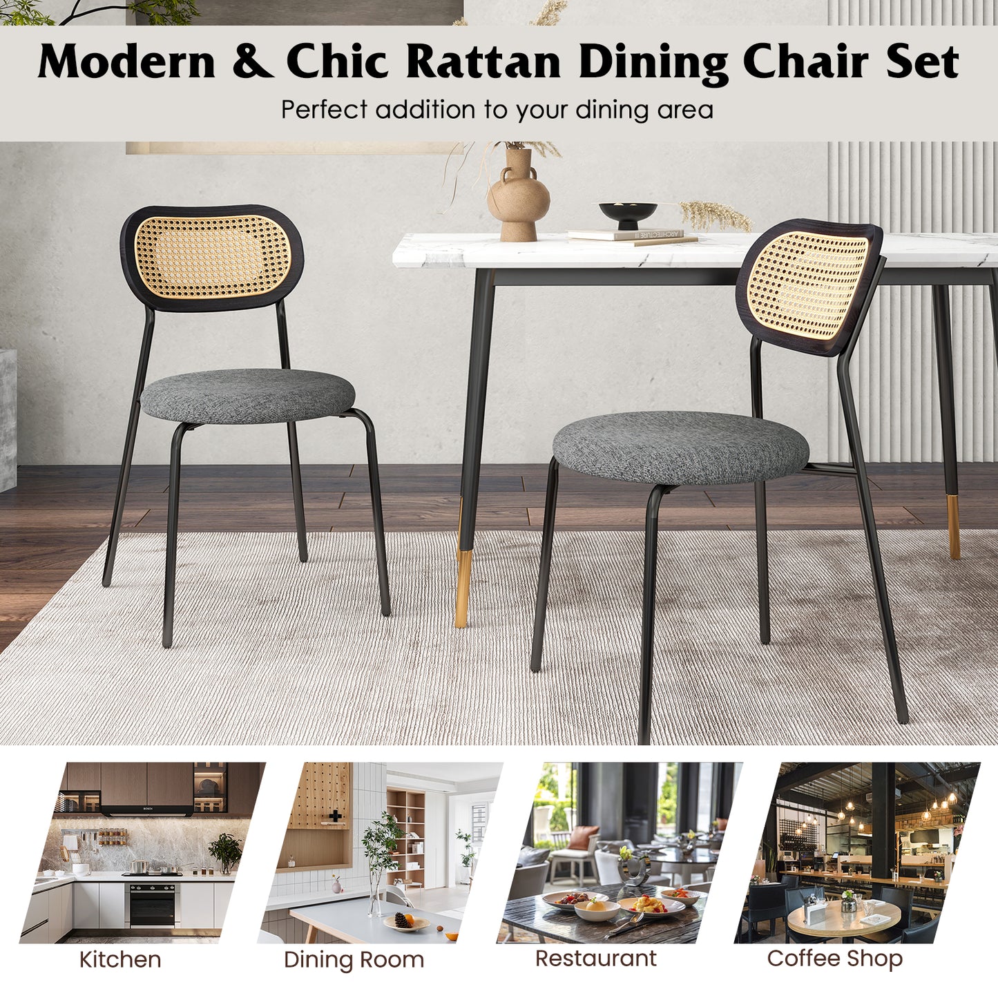 Pair of Rattan Dining Chairs with Metal Legs and Cushioned Seat - Grey