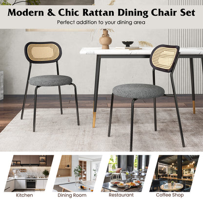 Pair of Rattan Dining Chairs with Metal Legs and Cushioned Seat - Grey