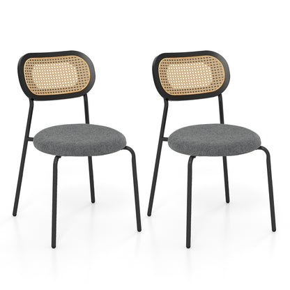 Pair of Rattan Dining Chairs with Metal Legs and Cushioned Seat - Grey
