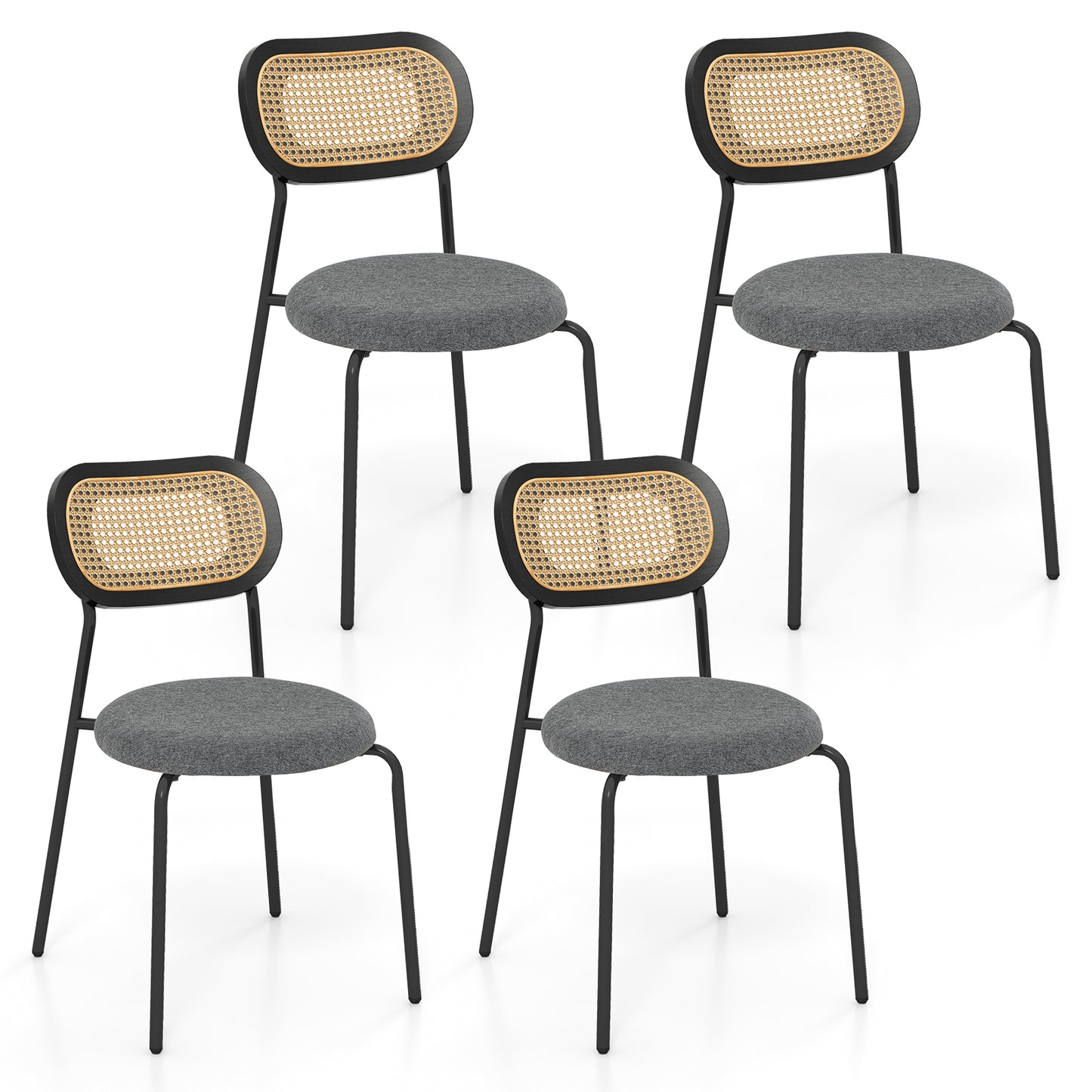 Pair of Rattan Dining Chairs with Metal Legs and Cushioned Seat - Grey
