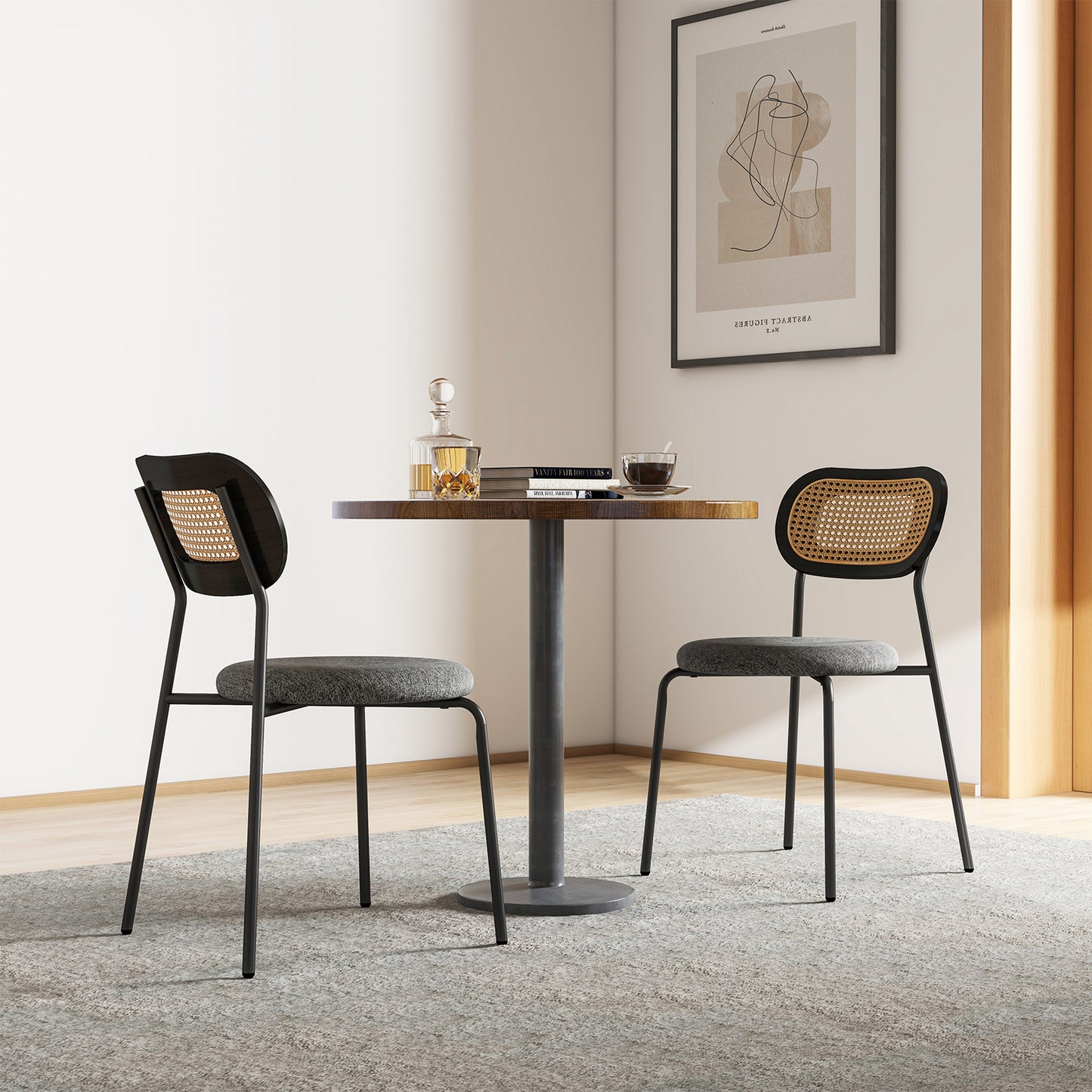 Pair of Rattan Dining Chairs with Metal Legs and Cushioned Seat - Grey