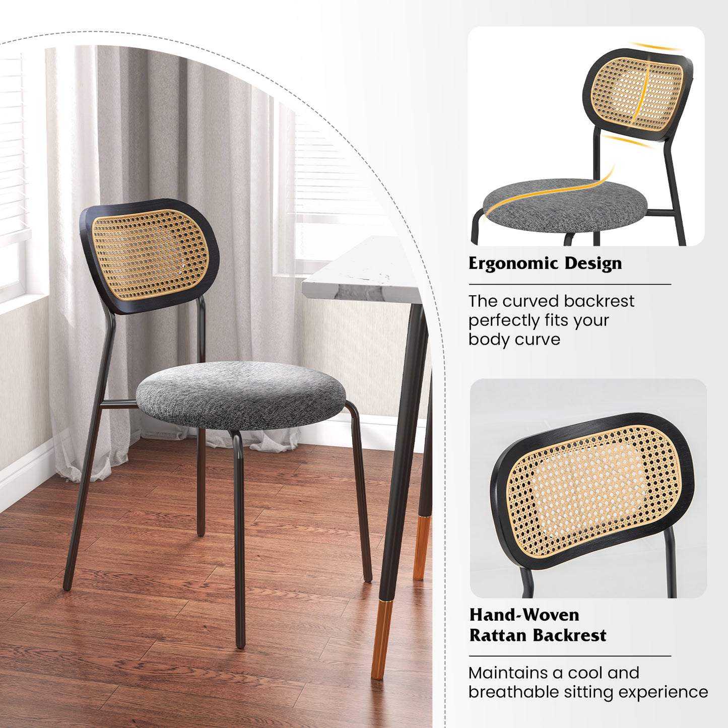 Pair of Rattan Dining Chairs with Metal Legs and Cushioned Seat - Grey